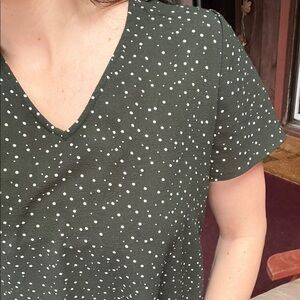 41 Hawthorn Olive Green V-Neck Short Sleeve Top with White Polka Dots